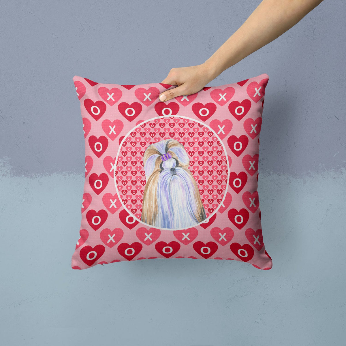 Shih Tzu Hearts Love and Valentine's Day Portrait Decorative Throw Pillow 14x14 Indoor Outdoor Accent Cushion, Fabric Cover with Insert for Sofa, Bed, Porch & Living Room