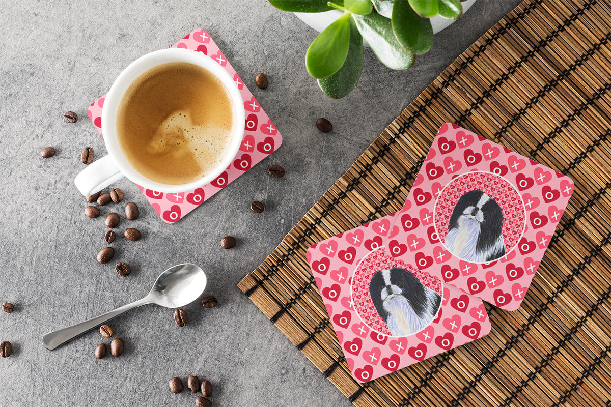 Japanese Chin Hearts Love and Valentine's Day Portrait Foam Coasters Set of 4 Cup Coasters for Indoor Outdoor, Tabletop Protection, Anti Slip, Mouse pad Material