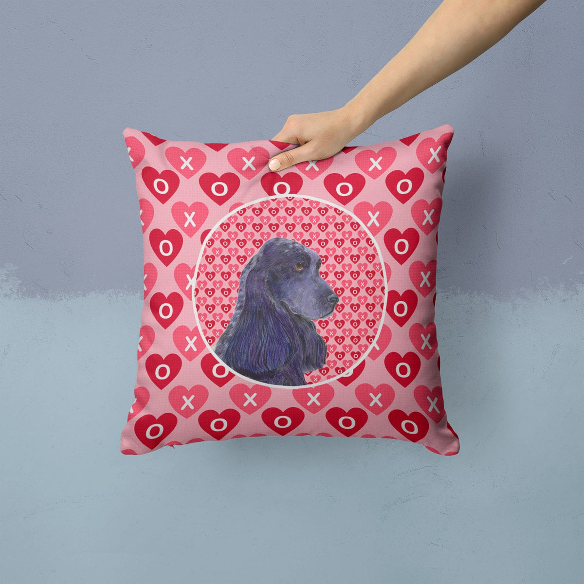 Black Cocker Spaniel Hearts Love Valentine's Day Decorative Throw Pillow 14x14 Indoor Outdoor Accent Cushion, Fabric Cover with Insert for Sofa, Bed, Porch & Living Room