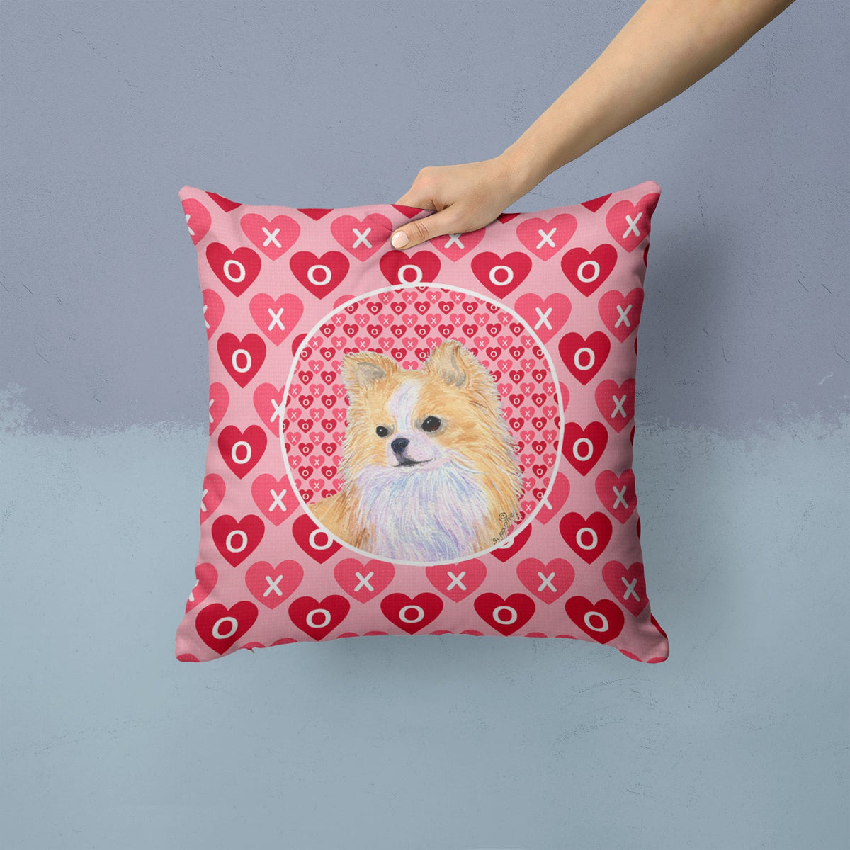 Chihuahua Hearts Love and Valentine's Day Portrait Decorative Throw Pillow 14x14 Indoor Outdoor Accent Cushion, Fabric Cover with Insert for Sofa, Bed, Porch & Living Room