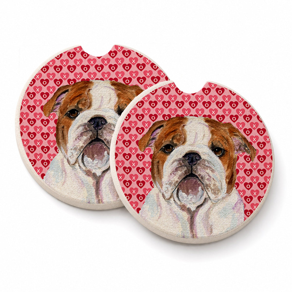 Bulldog English Hearts Love Valentine's Day Set of 2 Cup Holder Car Coasters Absorbent Round Sandstone Coasters Gifts for Men or Women, 2.5, Multicolor