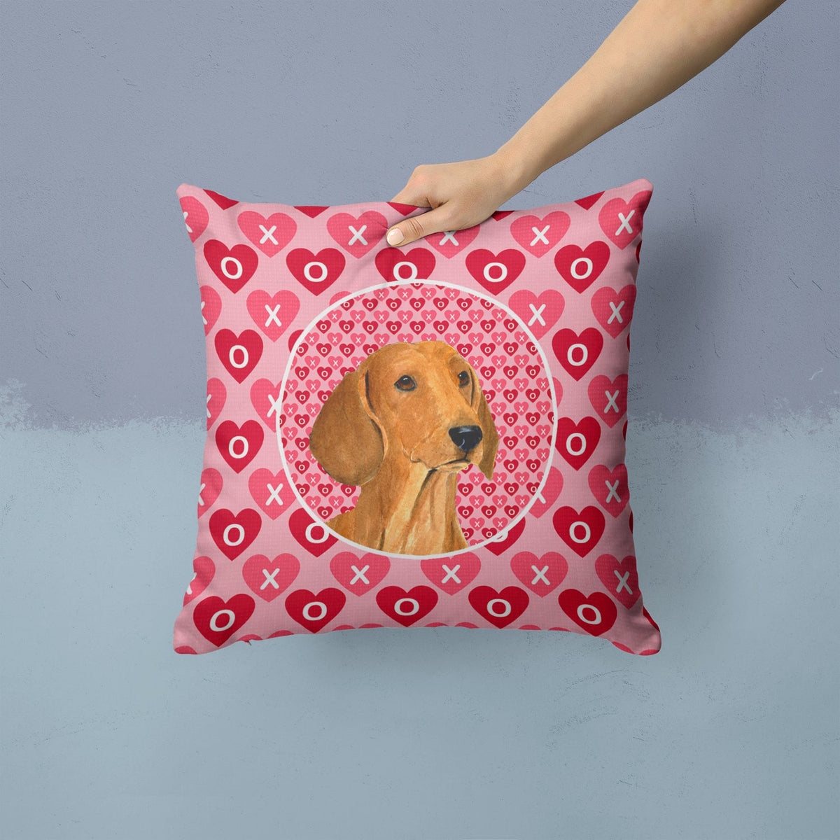Dachshund Hearts Love and Valentine's Day Portrait Decorative Throw Pillow 14x14 Indoor Outdoor Accent Cushion, Fabric Cover with Insert for Sofa, Bed, Porch & Living Room
