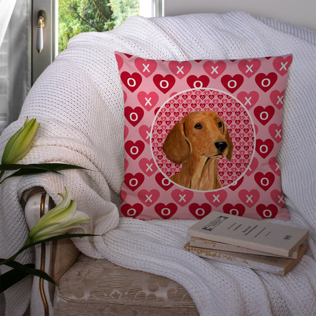 Dachshund Hearts Love and Valentine's Day Portrait Decorative Throw Pillow 14x14 Indoor Outdoor Accent Cushion, Fabric Cover with Insert for Sofa, Bed, Porch & Living Room