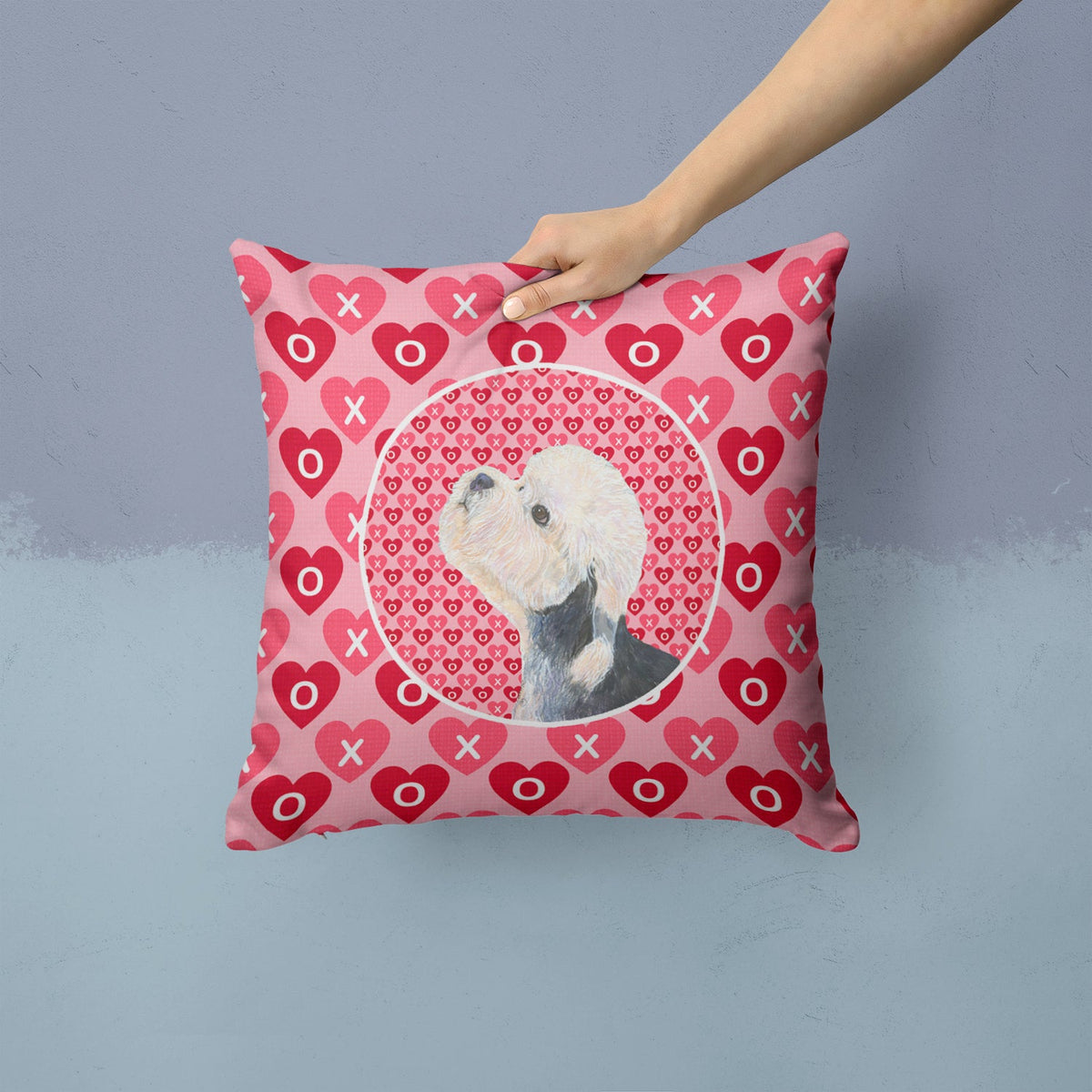 Dandie Dinmont Terrier Hearts Love Valentine's Day Decorative Throw Pillow 14x14 Indoor Outdoor Accent Cushion, Fabric Cover with Insert for Sofa, Bed, Porch & Living Room