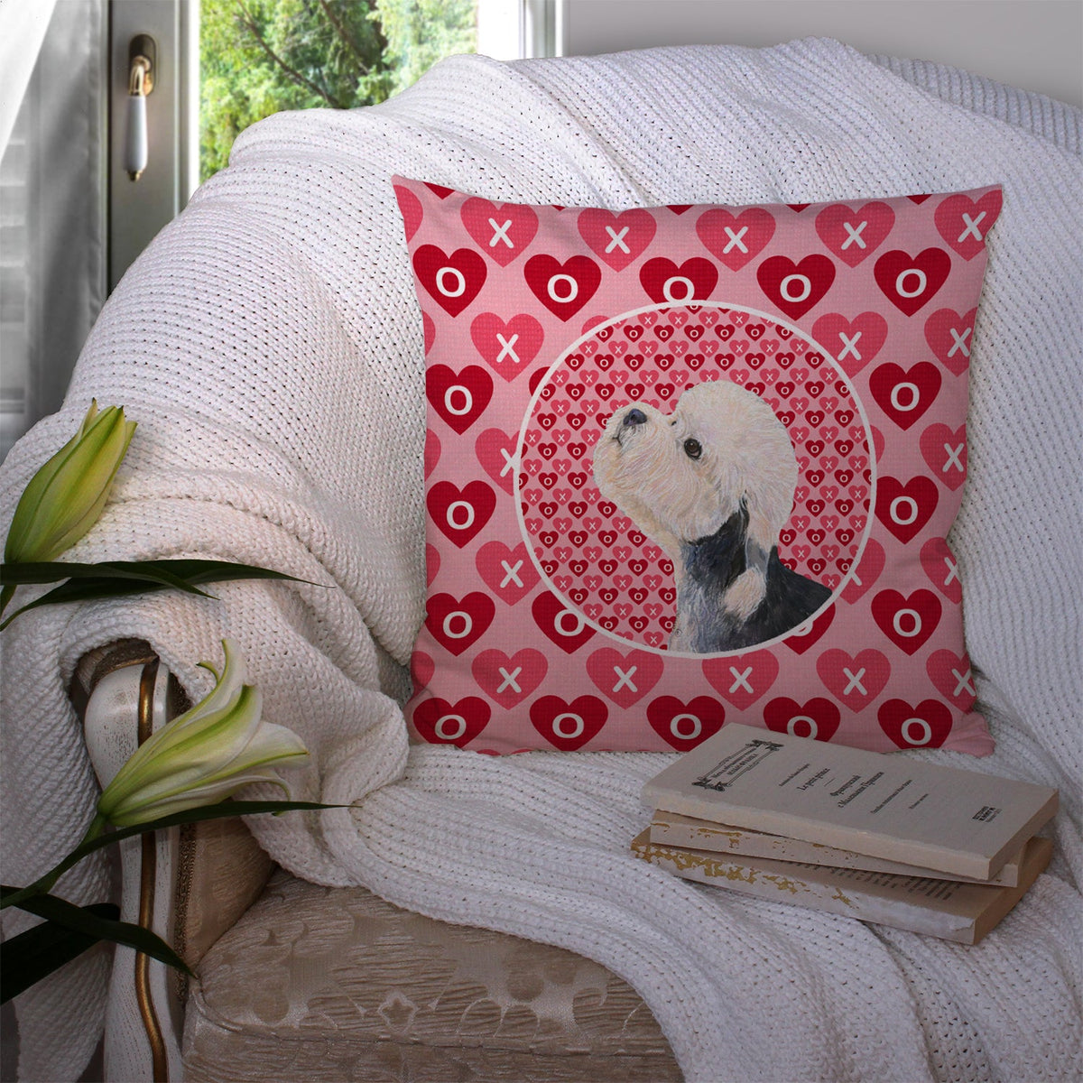 Dandie Dinmont Terrier Hearts Love Valentine's Day Decorative Throw Pillow 14x14 Indoor Outdoor Accent Cushion, Fabric Cover with Insert for Sofa, Bed, Porch & Living Room