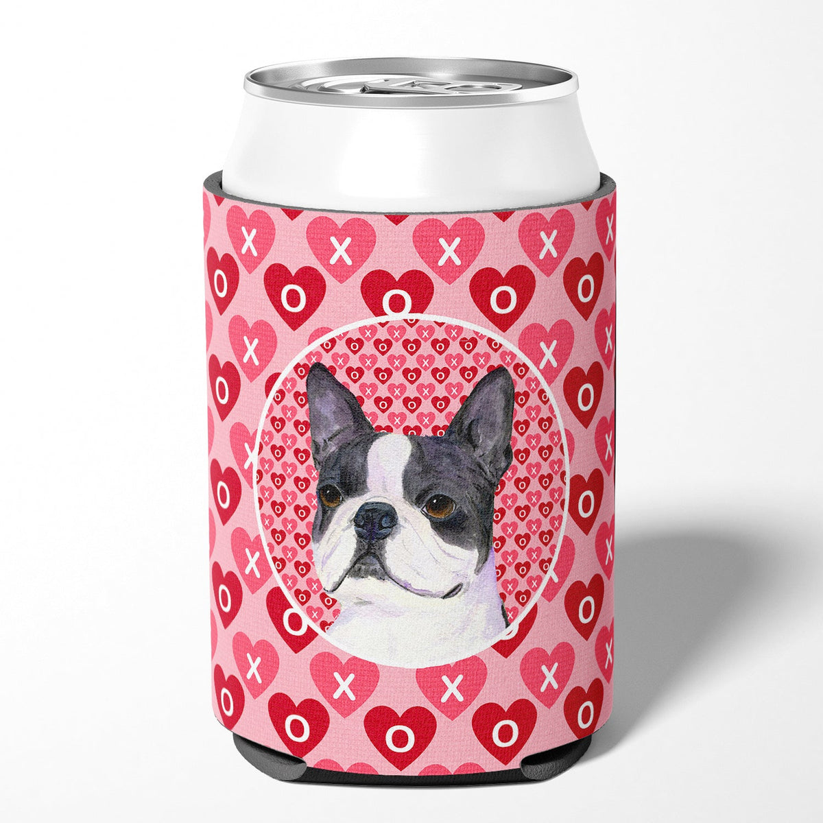 Boston Terrier Hearts Love Valentine's Day Can or Bottle Hugger Cooler Sleeve for Standard 12 oz Cans, Insulated Foam Beer & Soda Can Hugger Reusable