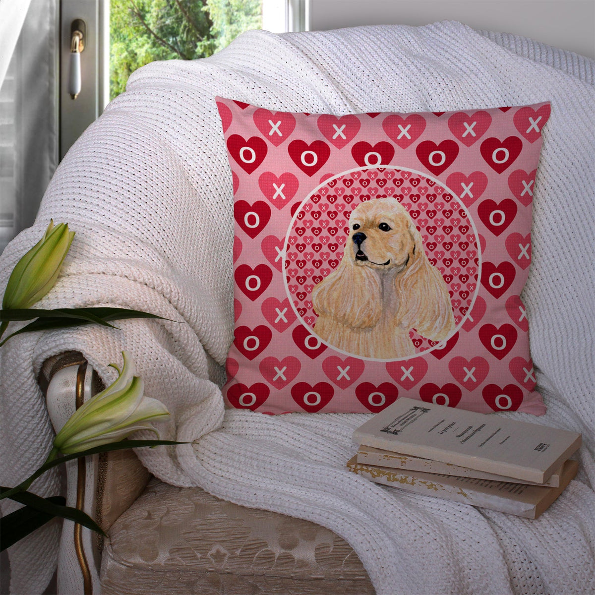 Buff Cocker Spaniel Hearts Love Valentine's Day Decorative Throw Pillow 14x14 Indoor Outdoor Accent Cushion, Fabric Cover with Insert for Sofa, Bed, Porch & Living Room