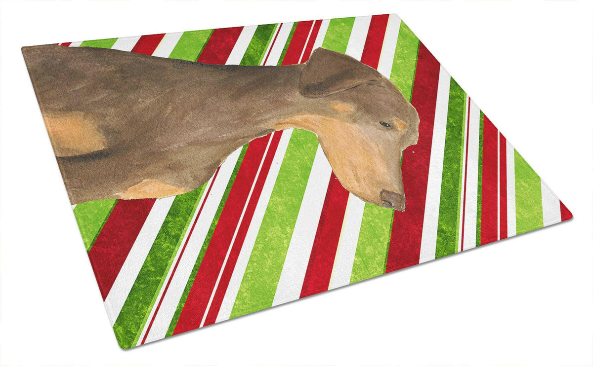 Doberman Candy Cane Holiday Christmas Cutting Board Tempered Glass Kitchen Cutting Surface, Heat Resistant Chopping, Non-Slip Feet, Food Prep & Serving