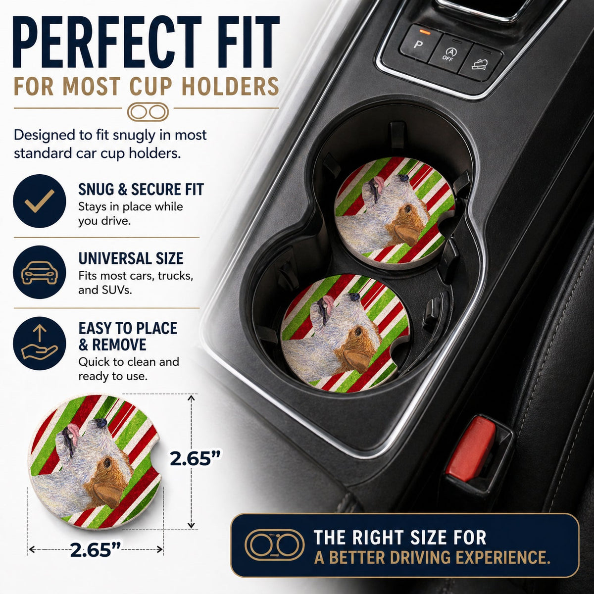 Jack Russell Terrier Candy Cane Holiday Christmas Set of 2 Cup Holder Car Coasters Absorbent Round Sandstone Coasters Gifts for Men or Women, 2.5, Multicolor