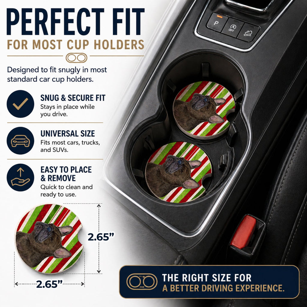 French Bulldog Candy Cane Holiday Christmas Set of 2 Cup Holder Car Coasters Absorbent Round Sandstone Coasters Gifts for Men or Women, 2.5, Multicolor