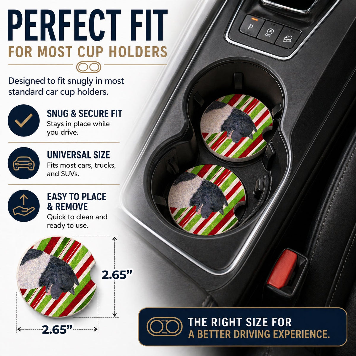 Akita Candy Cane Holiday Christmas Set of 2 Cup Holder Car Coasters Absorbent Round Sandstone Coasters Gifts for Men or Women, 2.5, Multicolor