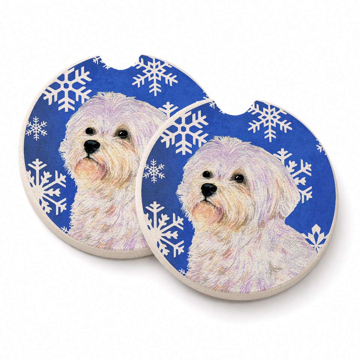Maltese Winter Snowflakes Holiday Set of 2 Cup Holder Car Coasters Absorbent Round Sandstone Coasters Gifts for Men or Women, 2.5, Multicolor