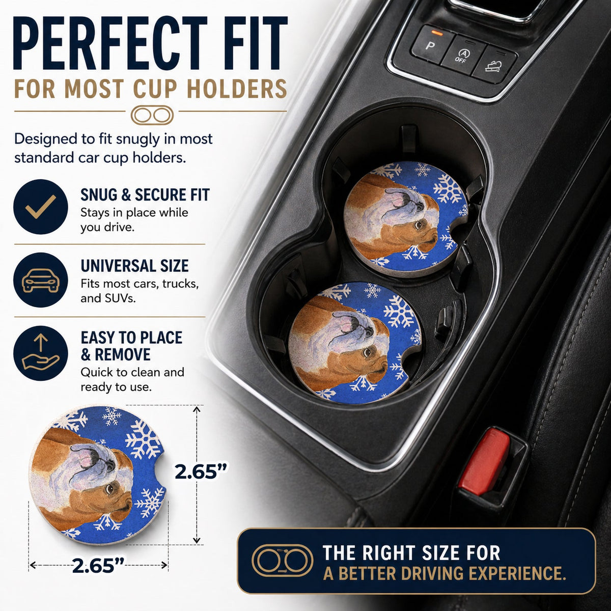 Bulldog English Winter Snowflakes Holiday Set of 2 Cup Holder Car Coasters Absorbent Round Sandstone Coasters Gifts for Men or Women, 2.5, Multicolor