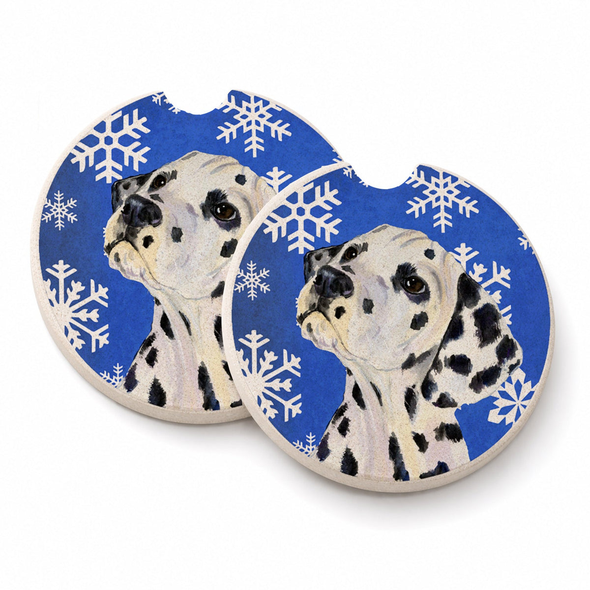 Dalmatian Winter Snowflakes Holiday Set of 2 Cup Holder Car Coasters Absorbent Round Sandstone Coasters Gifts for Men or Women, 2.5, Multicolor