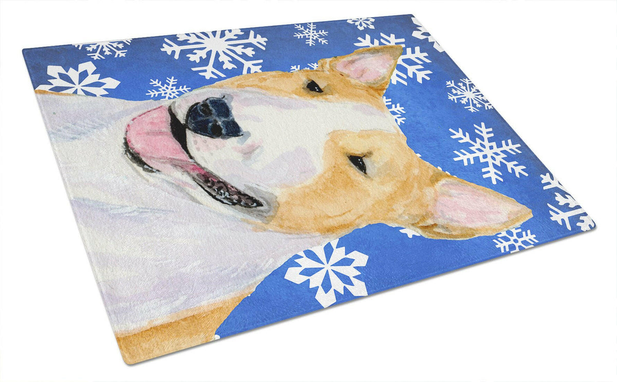 Bull Terrier Winter Snowflakes Holiday Cutting Board Tempered Glass Kitchen Cutting Surface, Heat Resistant Chopping, Non-Slip Feet, Food Prep & Serving