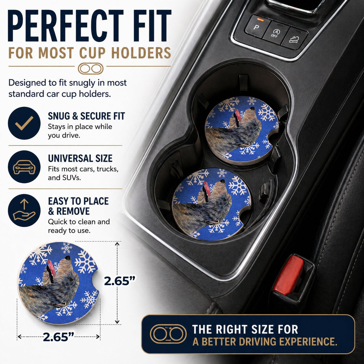Irish Wolfhound Winter Snowflakes Holiday Set of 2 Cup Holder Car Coasters Absorbent Round Sandstone Coasters Gifts for Men or Women, 2.5, Multicolor