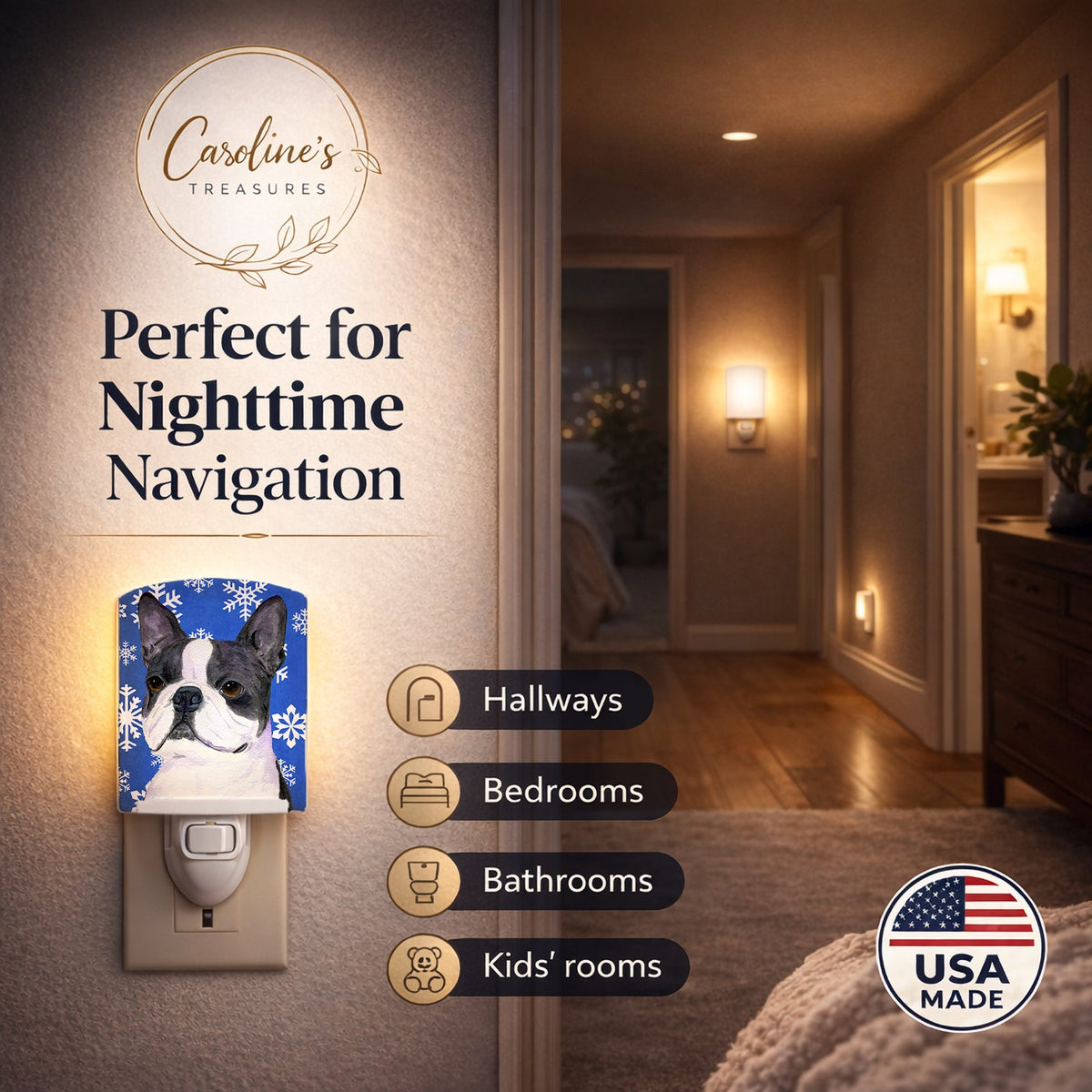 Boston Terrier Winter Snowflakes Holiday Ceramic Night Light Compact, UL-Certified, Ideal for Bedroom, Bathroom, Nursery, Hallway, Kitchen, 6x4x3, Multicolor