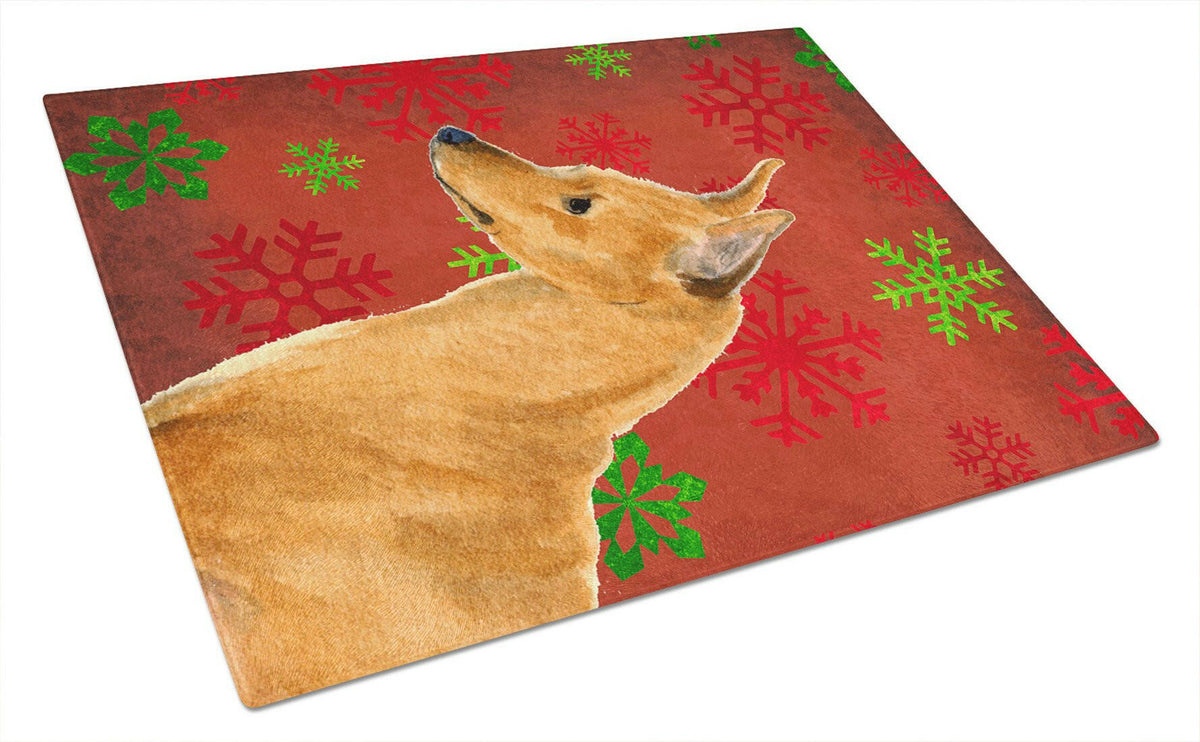 Min Pin Red and Green Snowflakes Holiday Christmas Cutting Board Tempered Glass Kitchen Cutting Surface, Heat Resistant Chopping, Non-Slip Feet, Food Prep & Serving