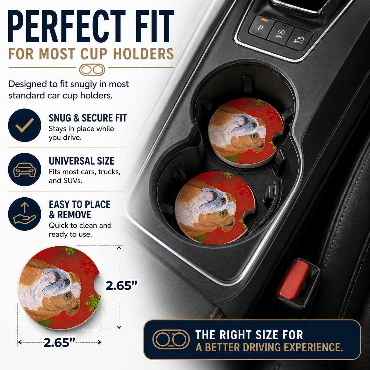 Bulldog English Red and Green Snowflakes Holiday Christmas Set of 2 Cup Holder Car Coasters Absorbent Round Sandstone Coasters Gifts for Men or Women, 2.5, Multicolor
