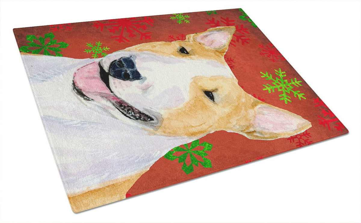 Bull Terrier Red and Green Snowflakes Holiday Christmas Cutting Board Tempered Glass Kitchen Cutting Surface, Heat Resistant Chopping, Non-Slip Feet, Food Prep & Serving