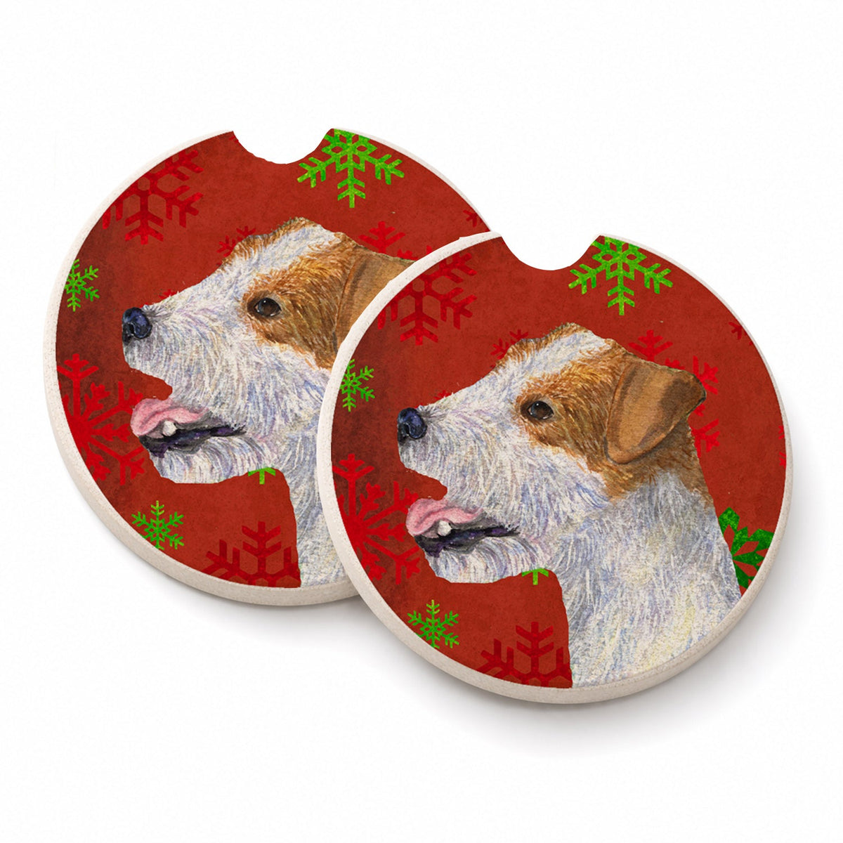 Jack Russell Terrier Red Green Snowflakes Holiday Christmas Set of 2 Cup Holder Car Coasters Absorbent Round Sandstone Coasters Gifts for Men or Women, 2.5, Multicolor