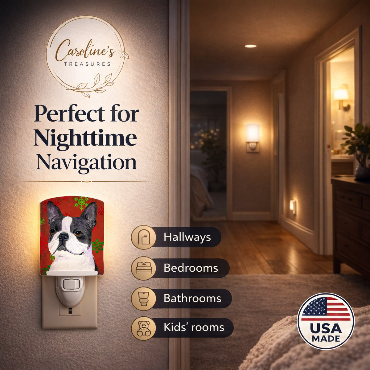 Boston Terrier Red Green Snowflakes Christmas Ceramic Night Light Compact, UL-Certified, Ideal for Bedroom, Bathroom, Nursery, Hallway, Kitchen, 6x4x3, Multicolor