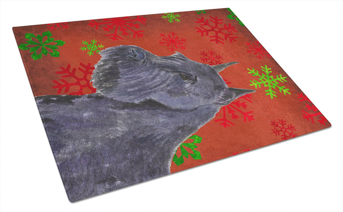 Schnauzer Red and Green Snowflakes Holiday Christmas Cutting Board Tempered Glass Kitchen Cutting Surface, Heat Resistant Chopping, Non-Slip Feet, Food Prep & Serving