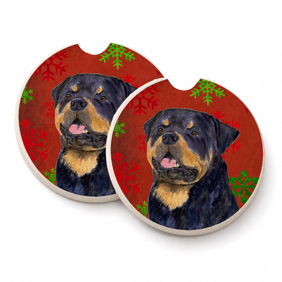 Rottweiler Red and Green Snowflakes Holiday Christmas Set of 2 Cup Holder Car Coasters Absorbent Round Sandstone Coasters Gifts for Men or Women, 2.5, Multicolor