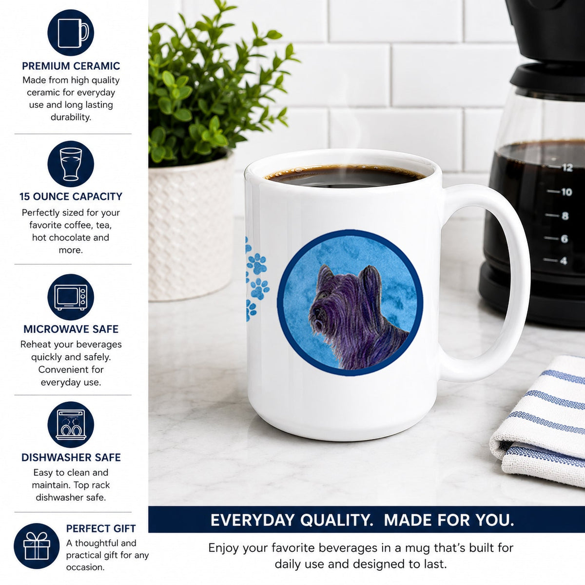 Blue Skye Terrier Ceramic Coffee Mug 15 oz Decorative Large C Handle Mug Cup for Tea, Cocoa Hot Chocolate