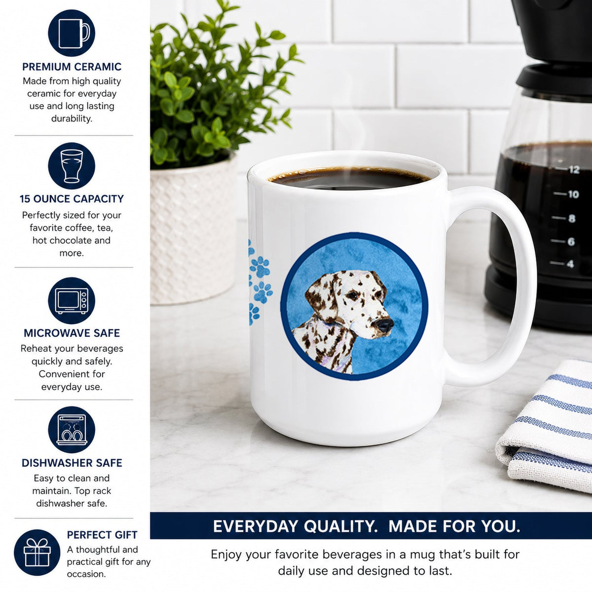 Blue Dalmatian Ceramic Coffee Mug 15 oz Decorative Large C Handle Mug Cup for Tea, Cocoa Hot Chocolate