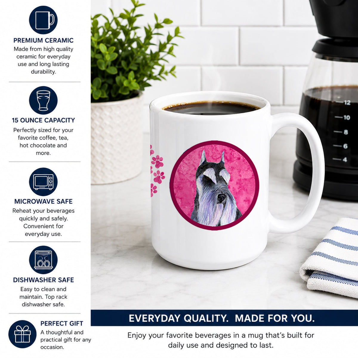 Pink Schnauzer Ceramic Coffee Mug 15 oz Decorative Large C Handle Mug Cup for Tea, Cocoa Hot Chocolate