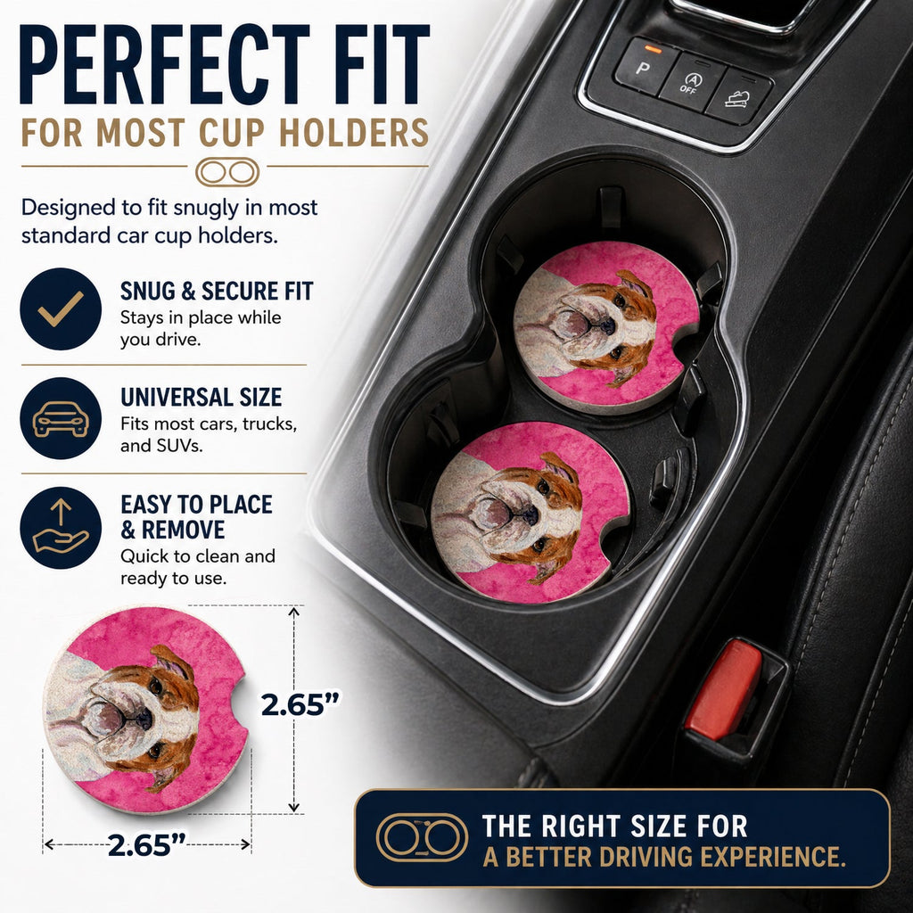 Pink English Bulldog Set of 2 Cup Holder Car Coasters Absorbent Round Sandstone Coasters Gifts for Men or Women, 2.5, Multicolor