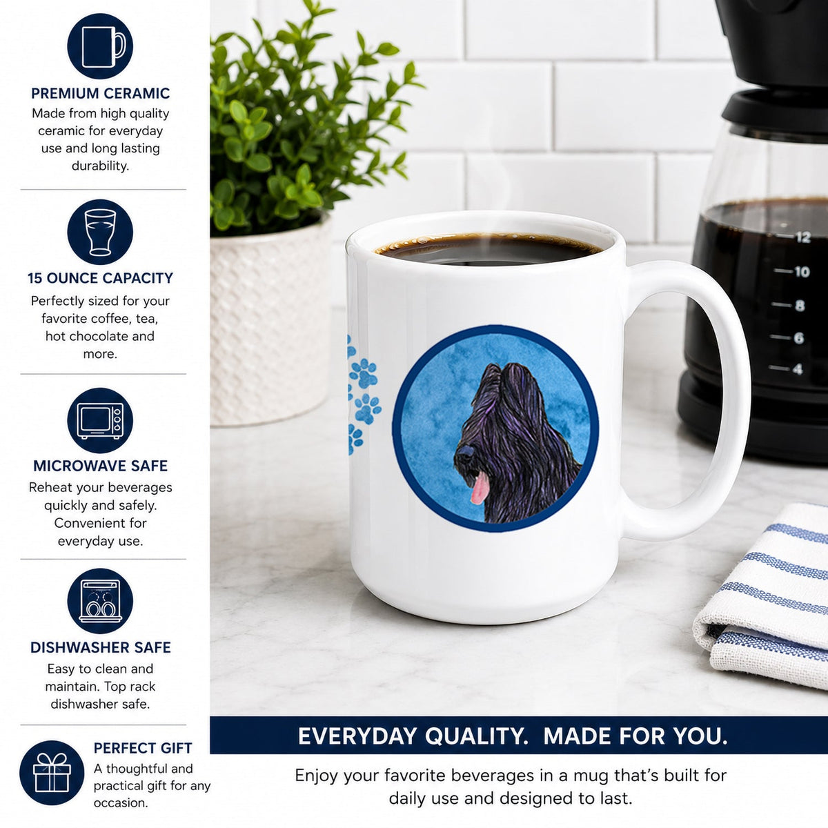 Blue Briard Ceramic Coffee Mug 15 oz Decorative Large C Handle Mug Cup for Tea, Cocoa Hot Chocolate