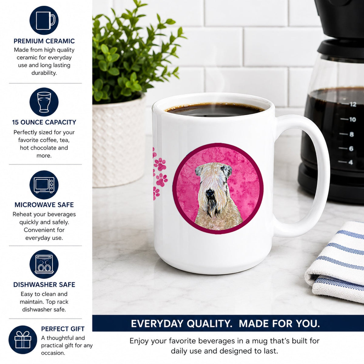 Pink Soft Coated Wheaten Terrier Ceramic Coffee Mug 15 oz Decorative Large C Handle Mug Cup for Tea, Cocoa Hot Chocolate