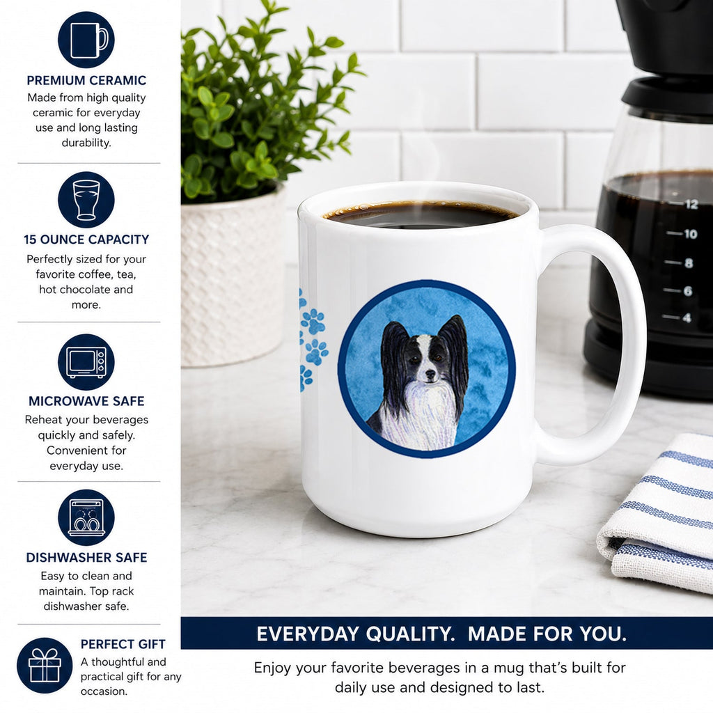 Blue Papillon Ceramic Coffee Mug 15 oz Decorative Large C Handle Mug Cup for Tea, Cocoa Hot Chocolate