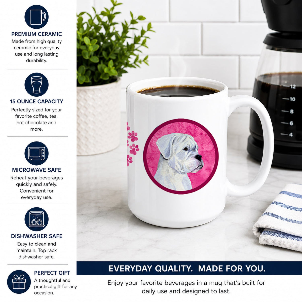 Pink White Natural Eared Boxer Ceramic Coffee Mug 15 oz Decorative Large C Handle Mug Cup for Tea, Cocoa Hot Chocolate
