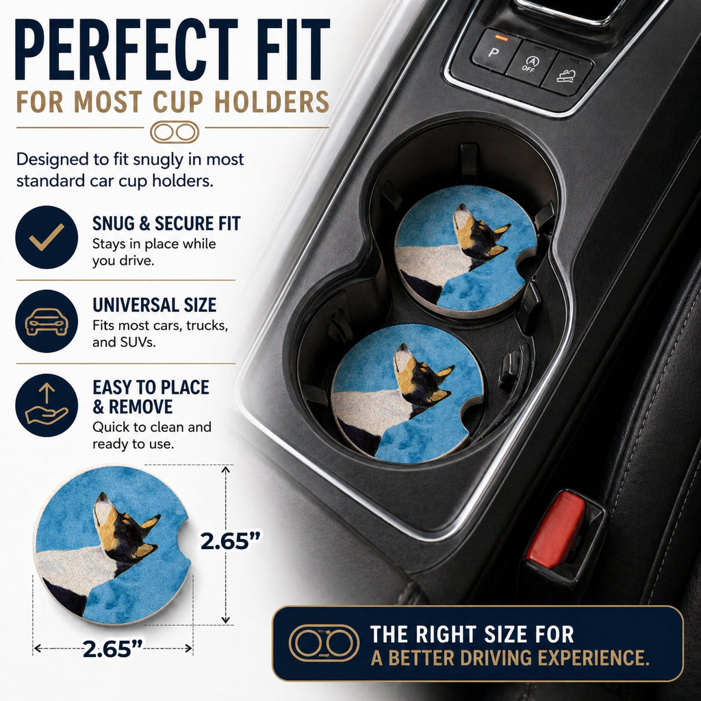 Blue Basenji Set of 2 Cup Holder Car Coasters Absorbent Round Sandstone Coasters Gifts for Men or Women, 2.5, Multicolor