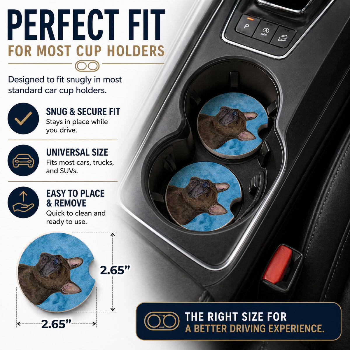 Blue French Bulldog Set of 2 Cup Holder Car Coasters Absorbent Round Sandstone Coasters Gifts for Men or Women, 2.5, Multicolor