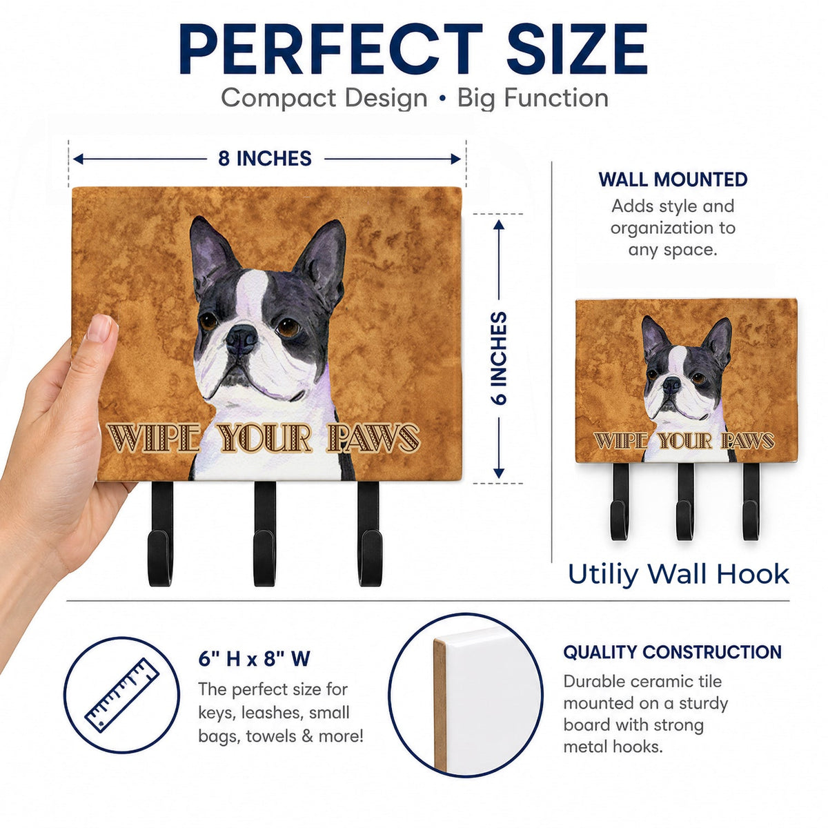 Boston Terrier Wipe your Paws Leash or Key Holder Wall Hooks, Coat Rack Wall Mount, for Hanging Keys, Towels, Aprons, Leashes