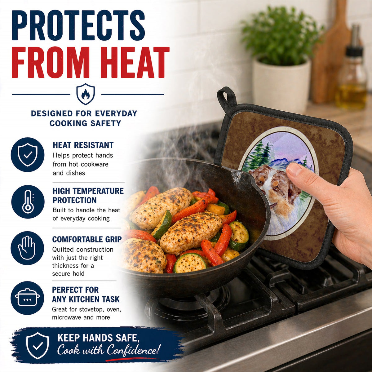 Australian Shepherd Pot Holder Set of 2 Heat Resistant Quilted Hot Pads 7.5 x 7.5 Inch, Insulated Kitchen Trivets for Cooking & Baking