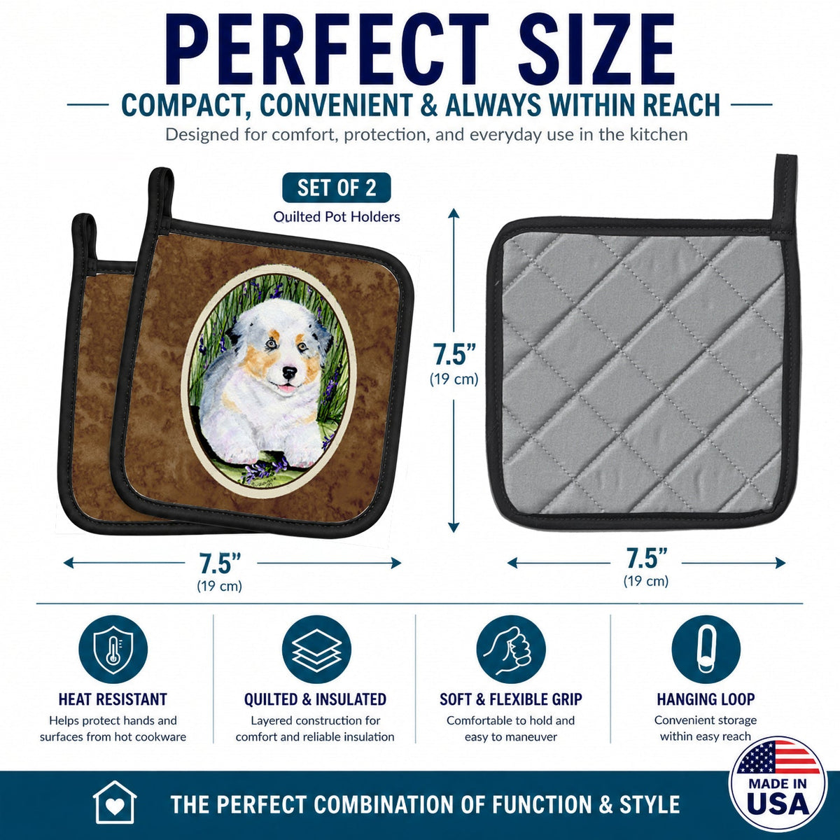 Australian Shepherd Pot Holder Set of 2 Heat Resistant Quilted Hot Pads 7.5 x 7.5 Inch, Insulated Kitchen Trivets for Cooking & Baking