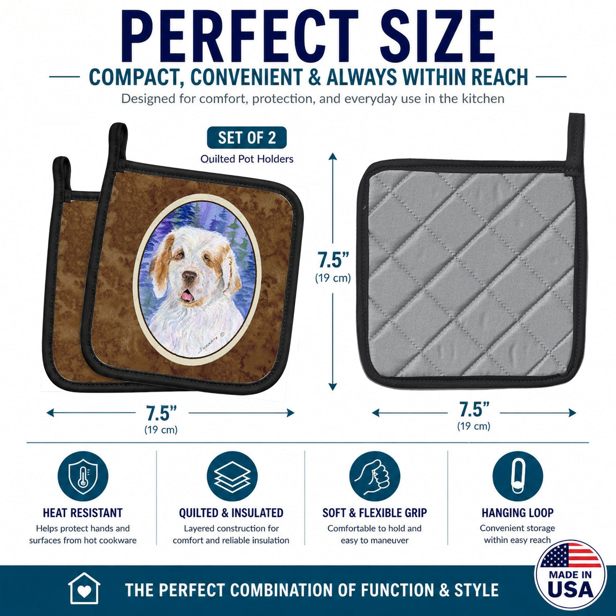 Clumber Spaniel Pot Holder Set of 2 Heat Resistant Quilted Hot Pads 7.5 x 7.5 Inch, Insulated Kitchen Trivets for Cooking & Baking