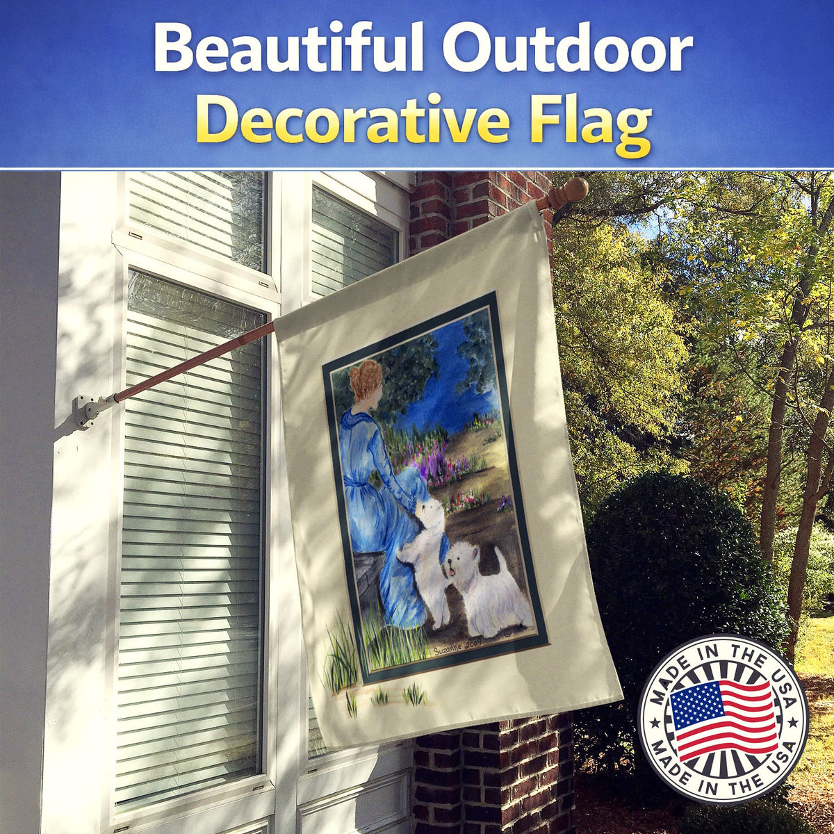 Lady with her  Westie House Flag 28x40 Porch Sleeve Pole Decorative Outside Yard Banner Artwork Wall Hanging, Polyester