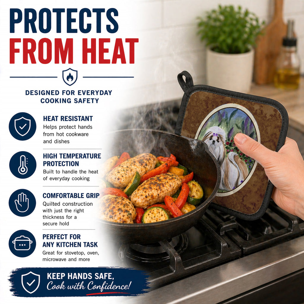 Shih Tzu Pot Holder Set of 2 Heat Resistant Quilted Hot Pads 7.5 x 7.5 Inch, Insulated Kitchen Trivets for Cooking & Baking