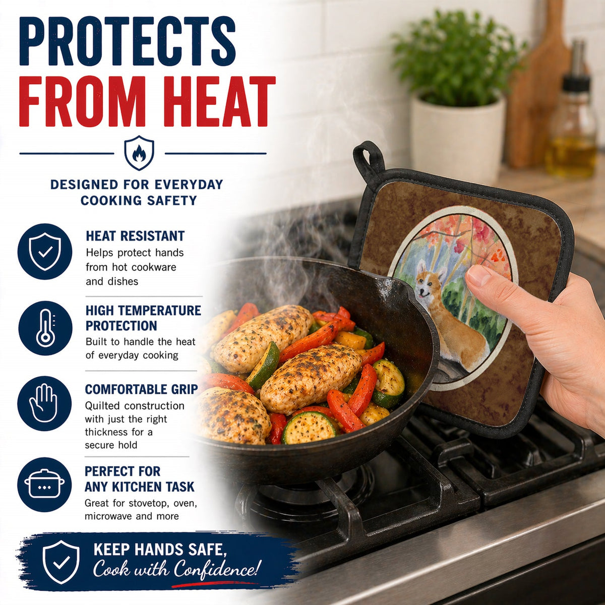 Corgi Pot Holder Set of 2 Heat Resistant Quilted Hot Pads 7.5 x 7.5 Inch, Insulated Kitchen Trivets for Cooking & Baking