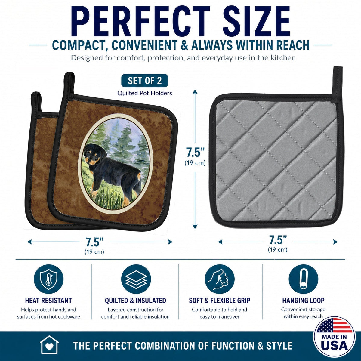Rottweiler Pot Holder Set of 2 Heat Resistant Quilted Hot Pads 7.5 x 7.5 Inch, Insulated Kitchen Trivets for Cooking & Baking