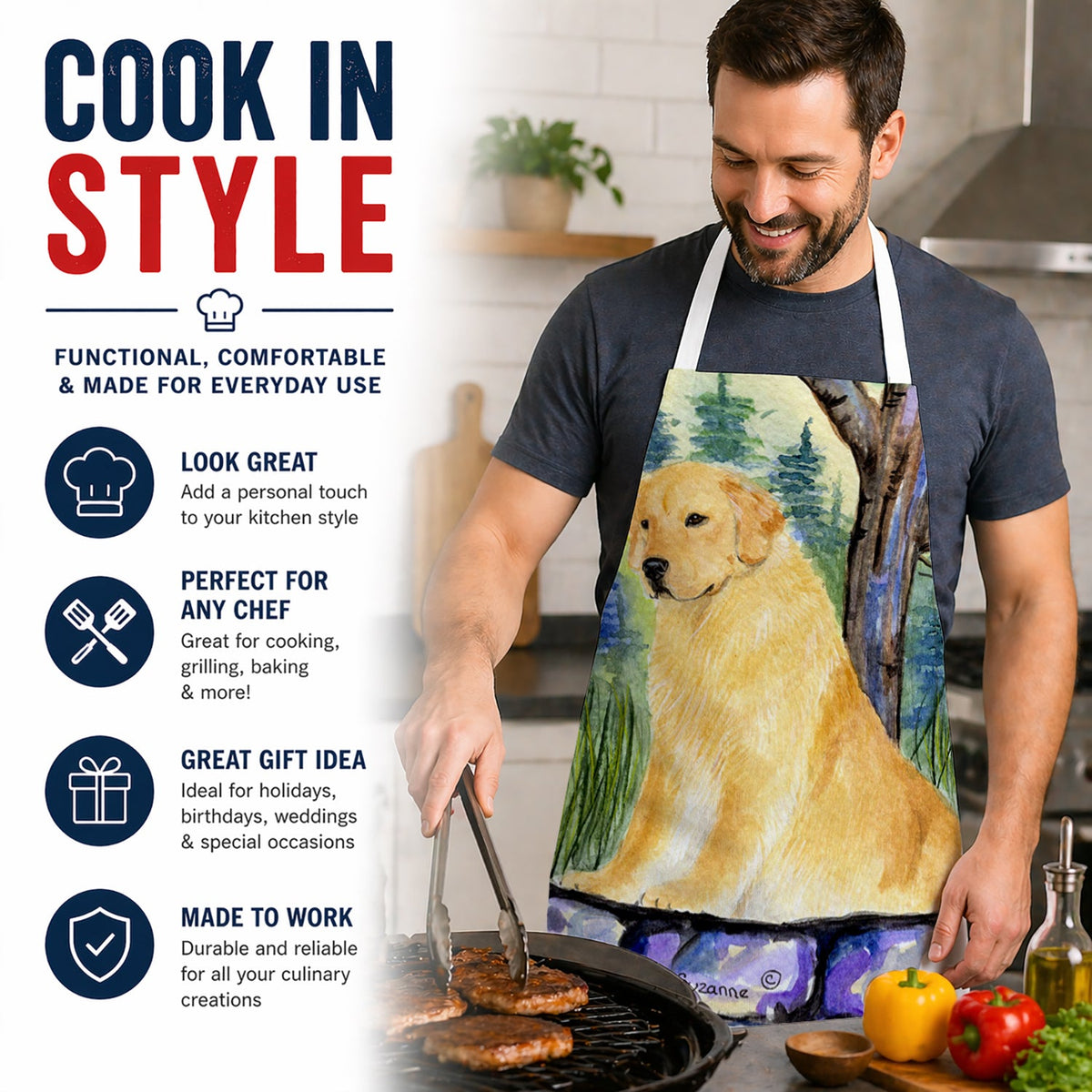 Golden Retriever Apron Cooking Kitchen Server Baking Crafts Gardening for Adult Women Men, Unisex, Large, Multicolor