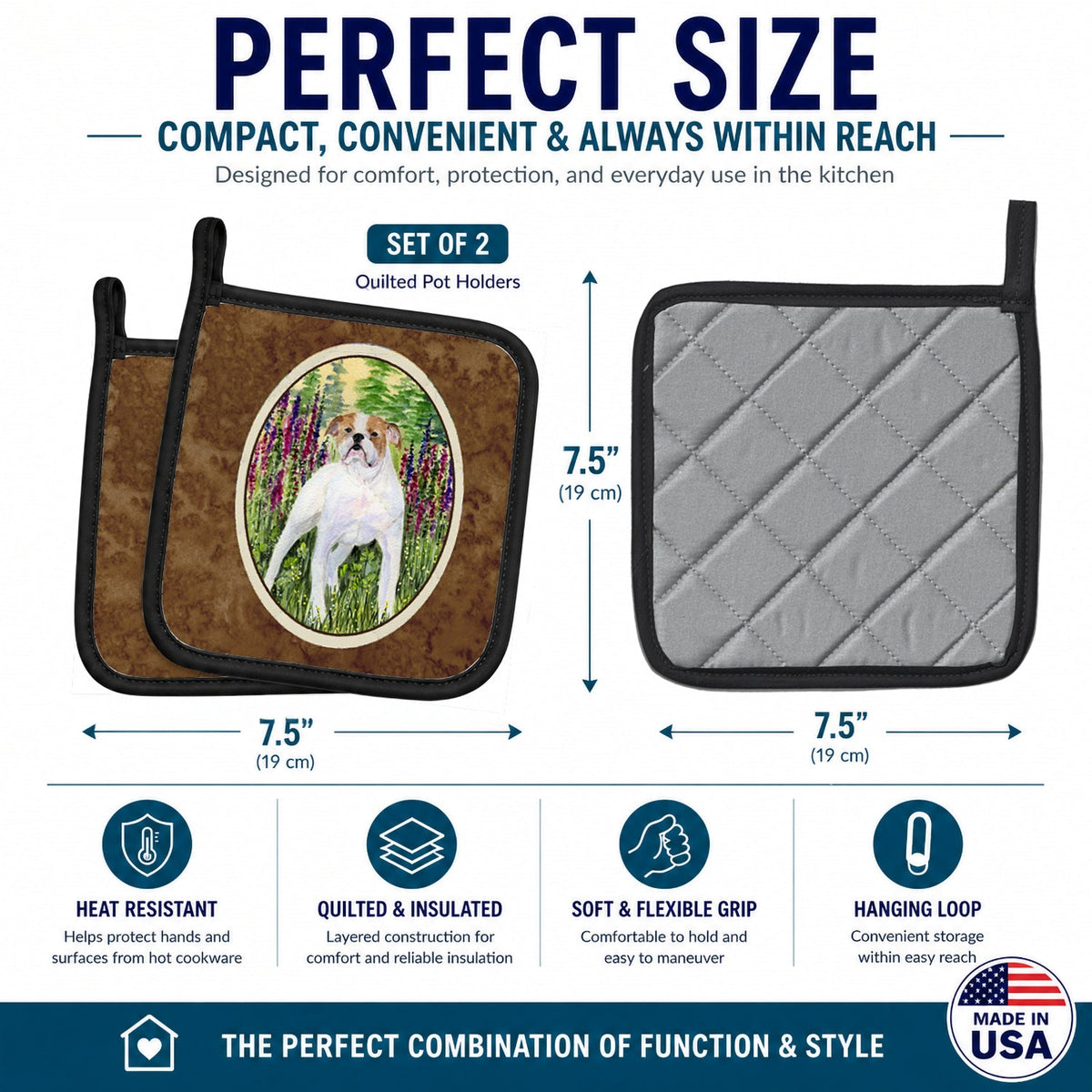 English Bulldog Pot Holder Set of 2 Heat Resistant Quilted Hot Pads 7.5 x 7.5 Inch, Insulated Kitchen Trivets for Cooking & Baking