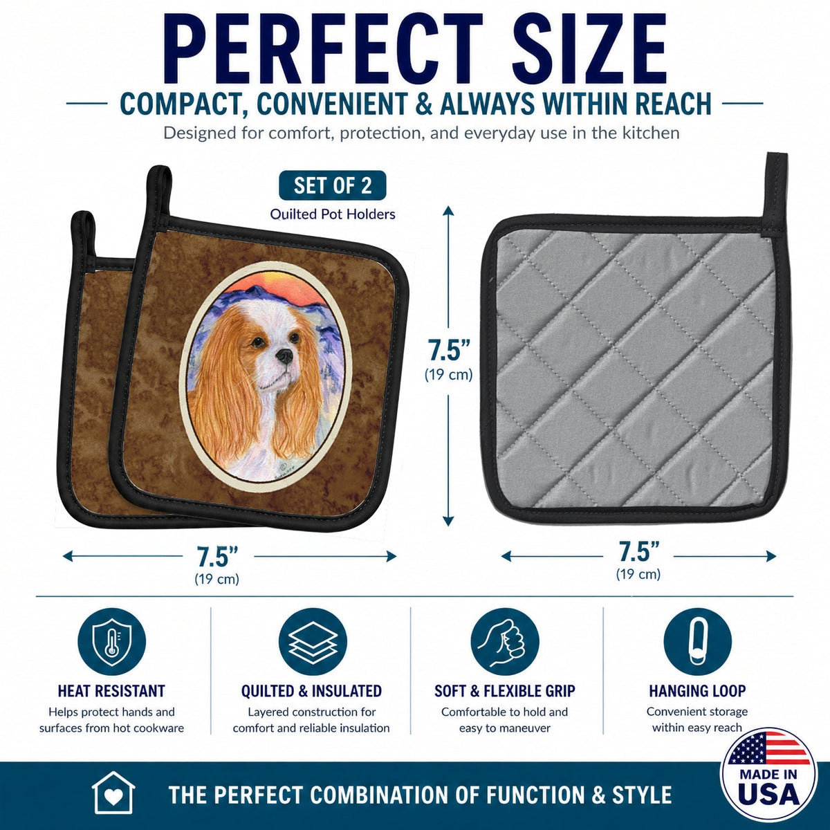Cavalier Spaniel Pot Holder Set of 2 Heat Resistant Quilted Hot Pads 7.5 x 7.5 Inch, Insulated Kitchen Trivets for Cooking & Baking