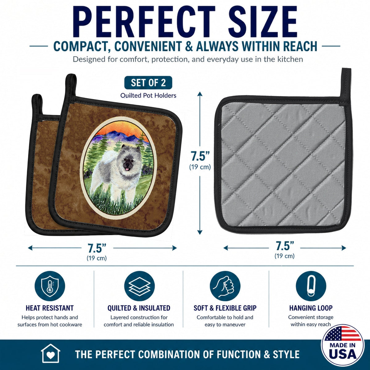 Keeshond Pot Holder Set of 2 Heat Resistant Quilted Hot Pads 7.5 x 7.5 Inch, Insulated Kitchen Trivets for Cooking & Baking